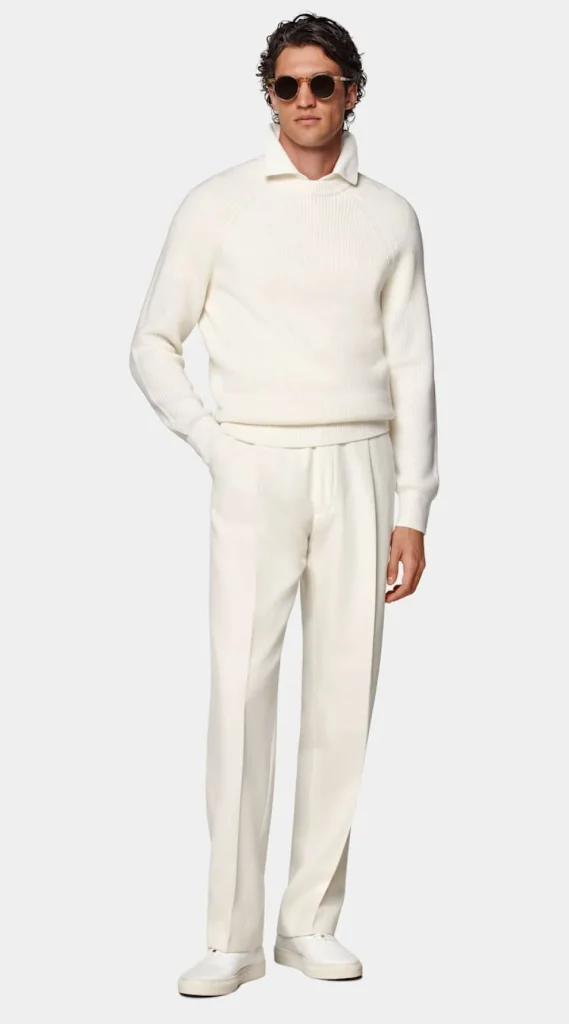 Suitsupply Pulls Col Rond Et Col V*Pull col rond Merino côtelé blanc cassé