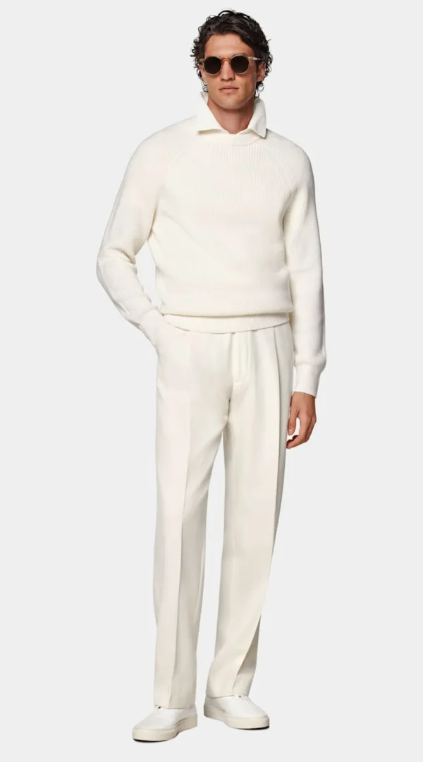 Suitsupply Pulls Col Rond Et Col V*Pull col rond Merino côtelé blanc cassé