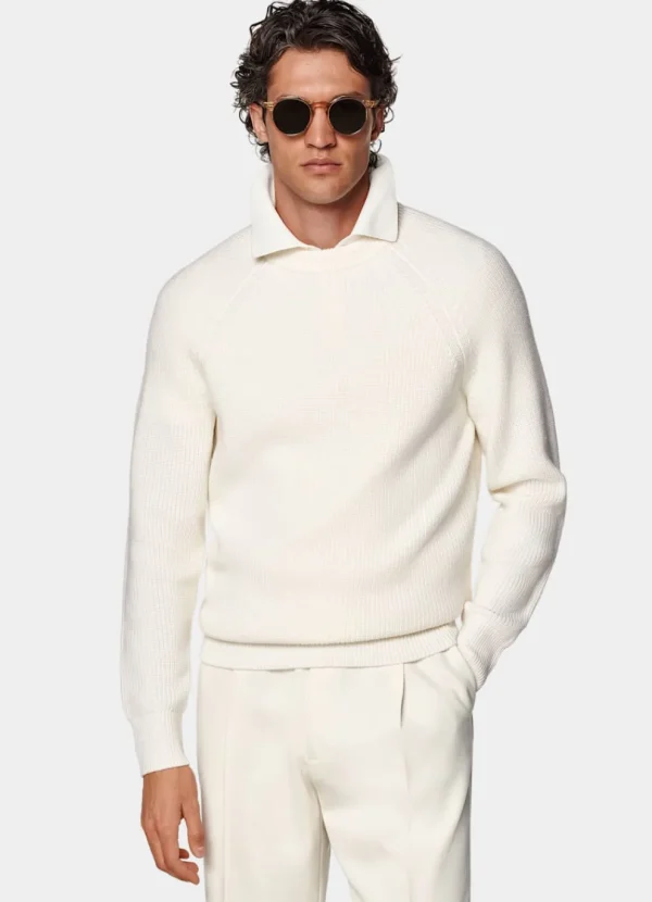 Suitsupply Pulls Col Rond Et Col V*Pull col rond Merino côtelé blanc cassé