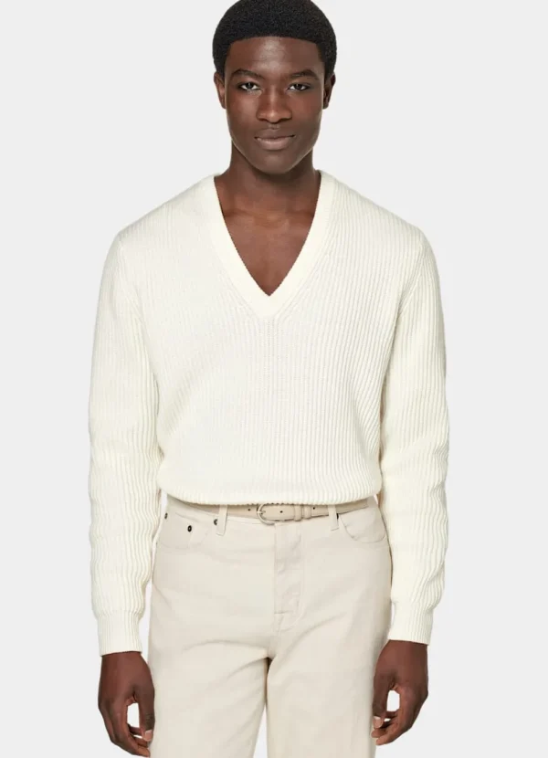 Suitsupply Pulls Col Rond Et Col V*Pull col V côtelé blanc cassé